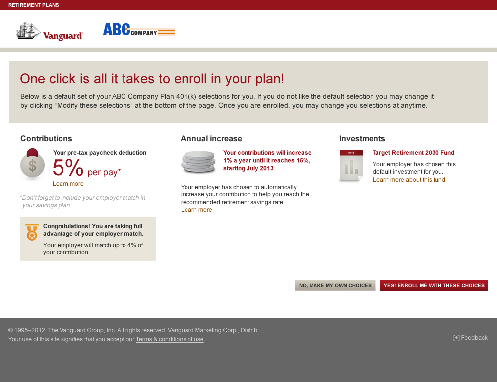 One-click 401(k) enrollment page on desktop: default contribution, annual increase, and target-date investment with employer match reinforcement