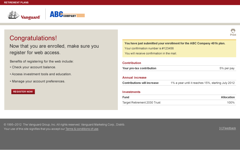 Enrollment confirmation screen summarizing elected defaults and prompting web registration