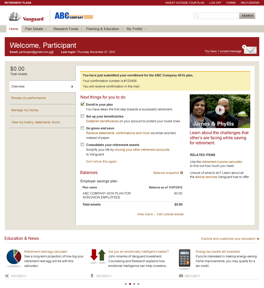 Post-enrollment secure home with a next-steps checklist and balances