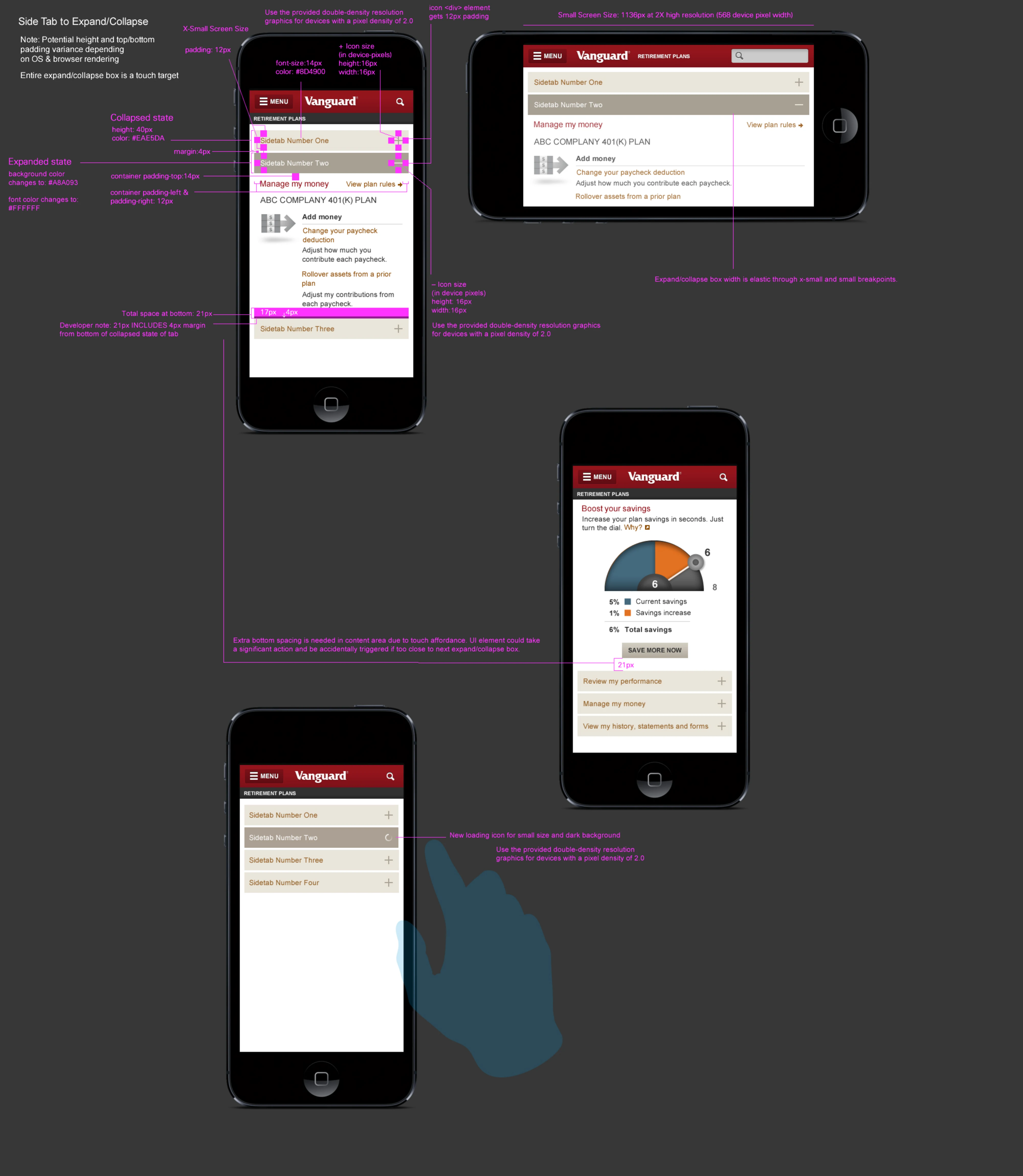 Side tab expand/collapse component: pixel-level redlines for padding, icon sizes, touch targets, and loading states on phones