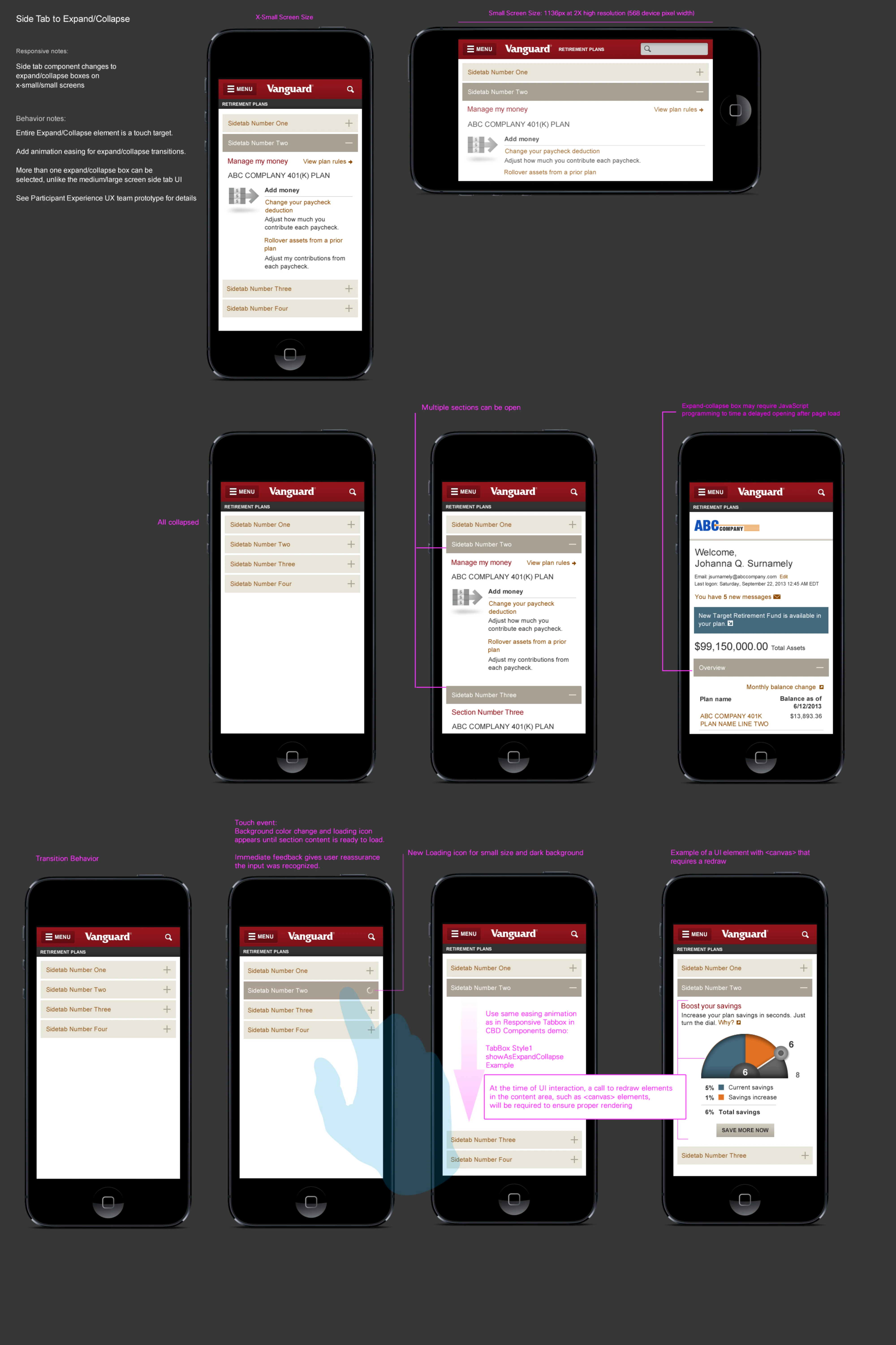 Side tab responsive behavior notes: transition easing, multiple open sections, immediate touch feedback, and canvas redraw requirements