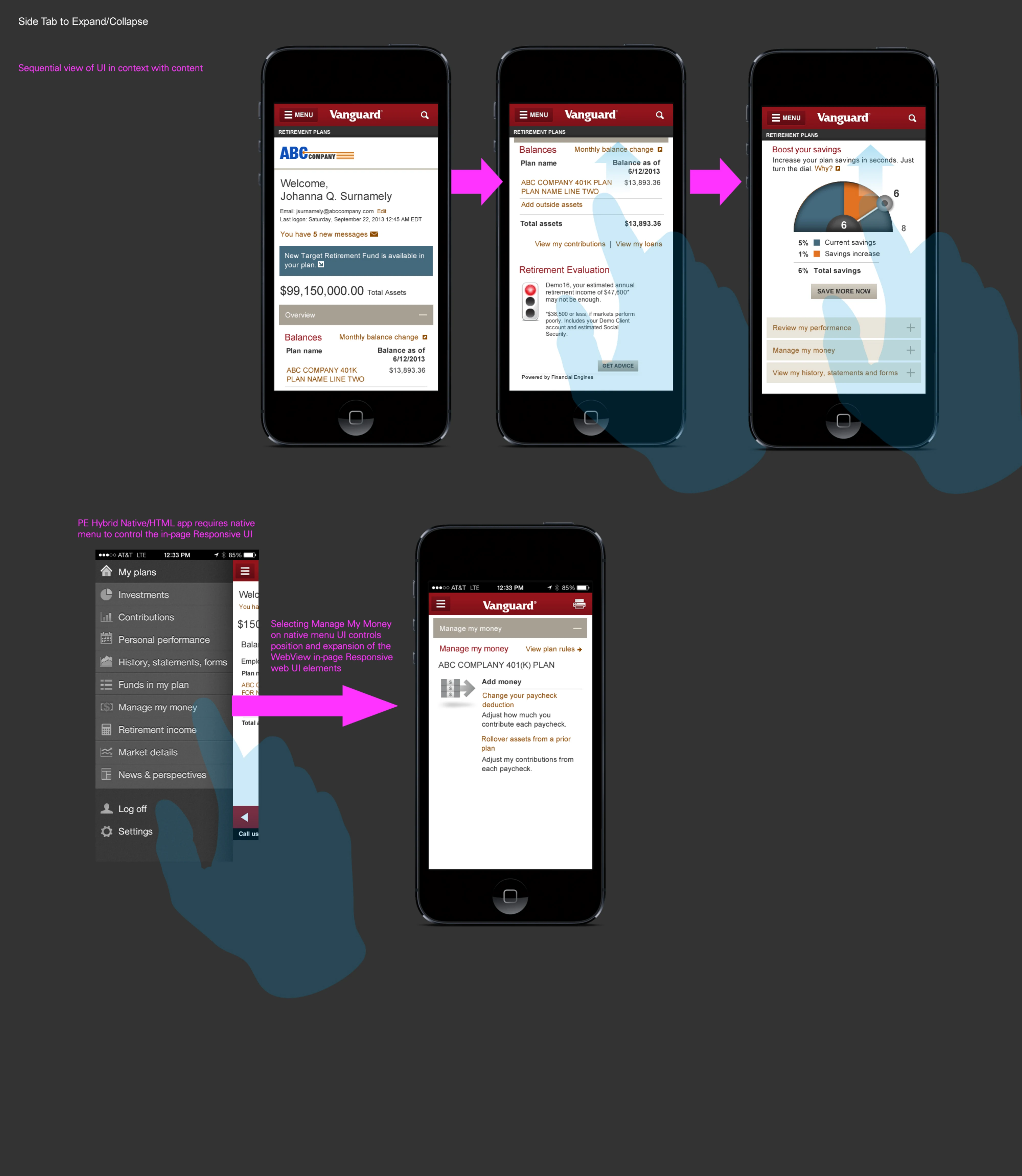 Sequential views of the side tab in context, including the hybrid native menu controlling in-page responsive WebView elements
