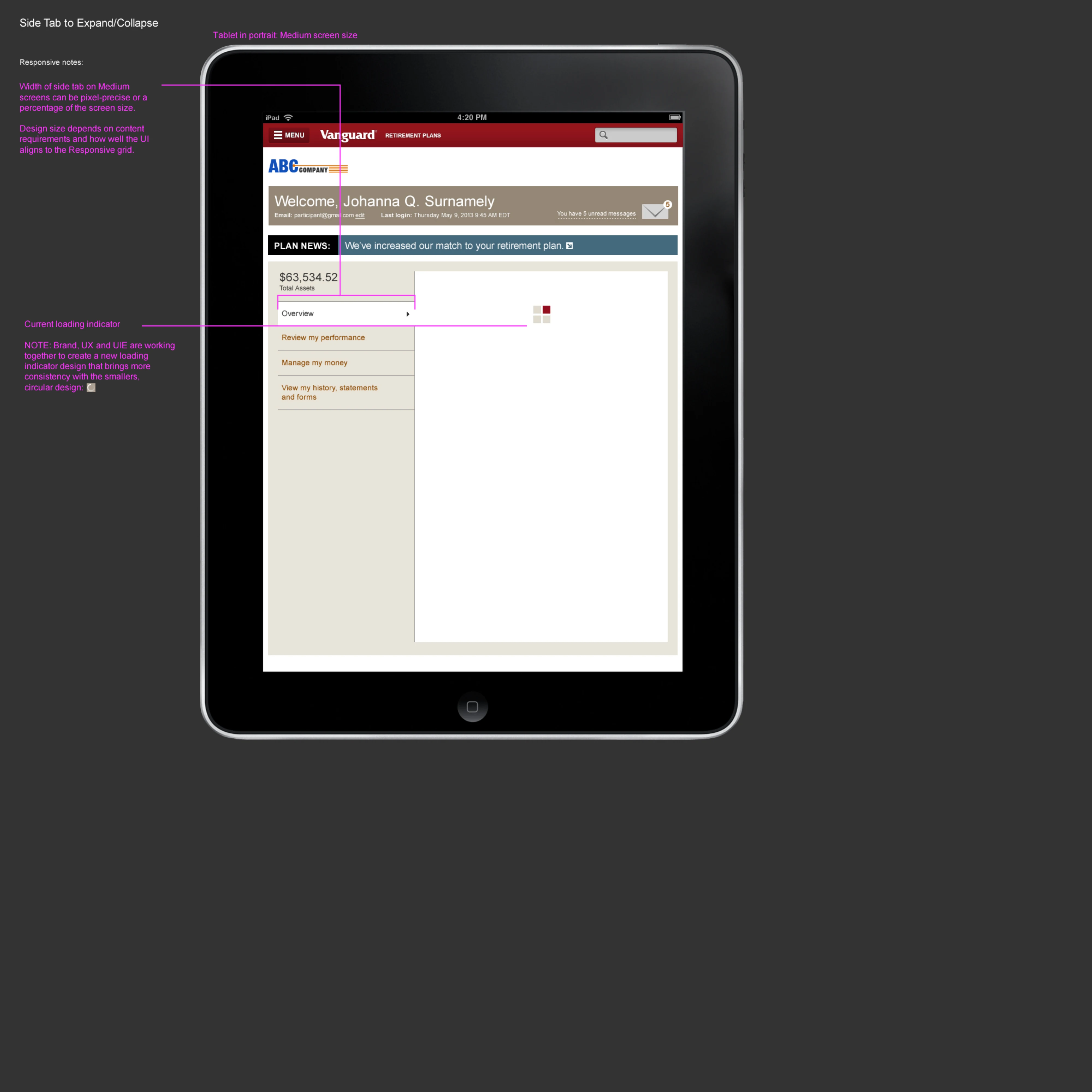 Tablet portrait side tab specification with loading indicator notes at the medium breakpoint