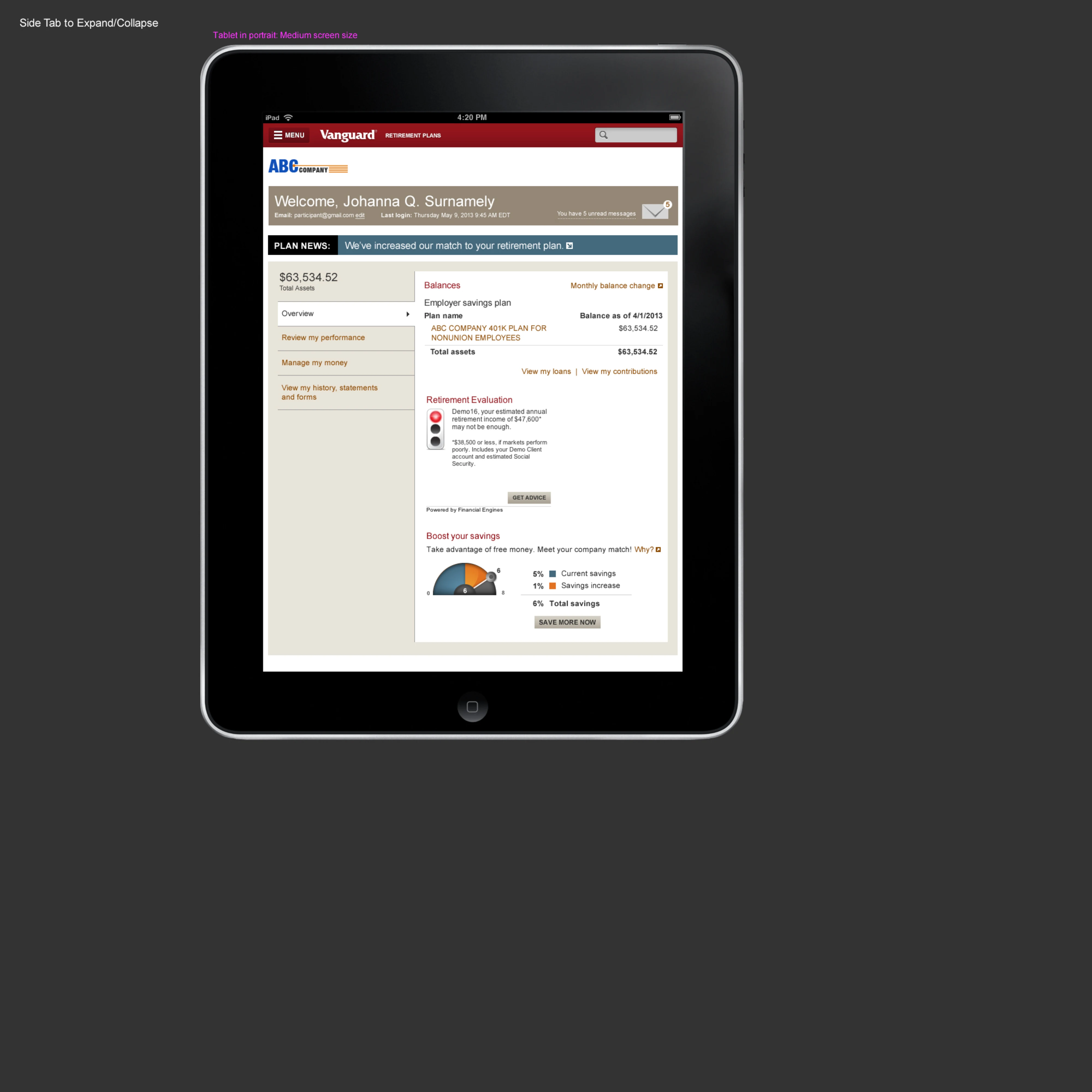 Tablet portrait side tab in the expanded overview state at the medium breakpoint