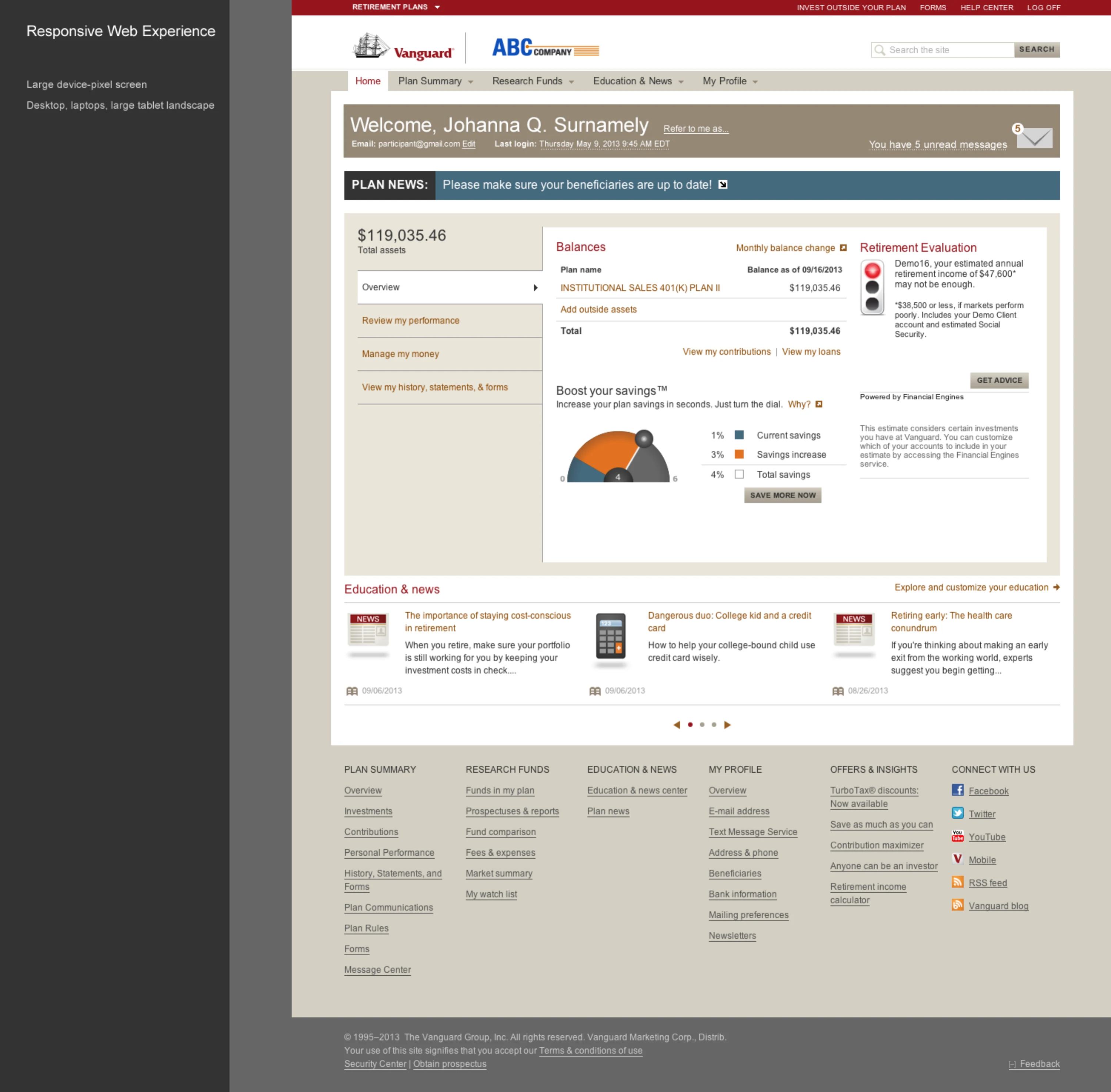 Responsive secure home at large desktop width: balances, retirement evaluation, and the Boost your savings dial
