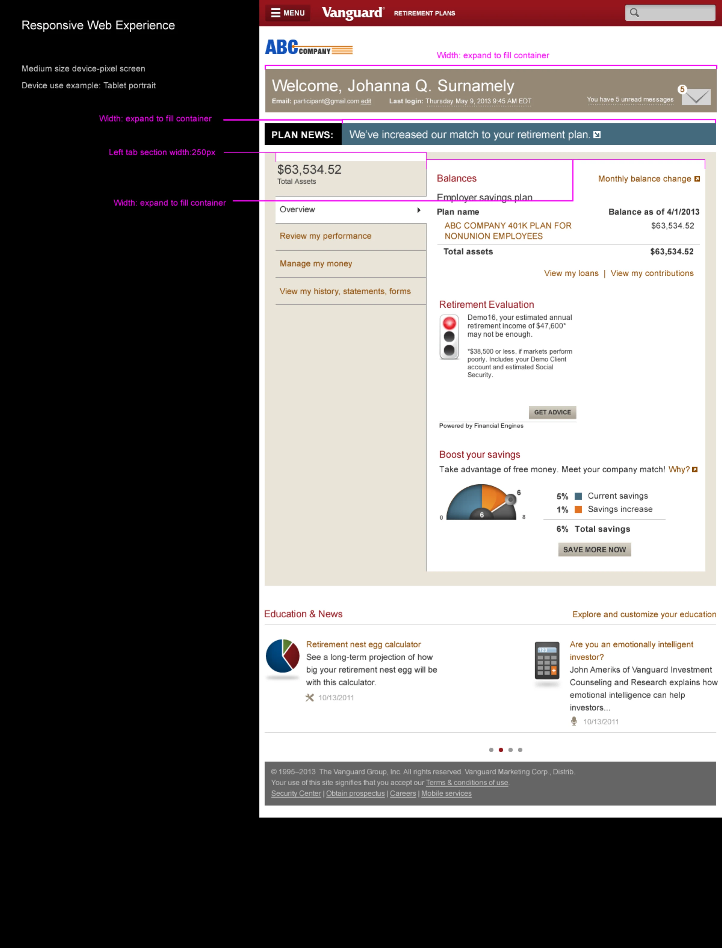 Medium-breakpoint secure home with annotated container widths and the 250 pixel tab rail