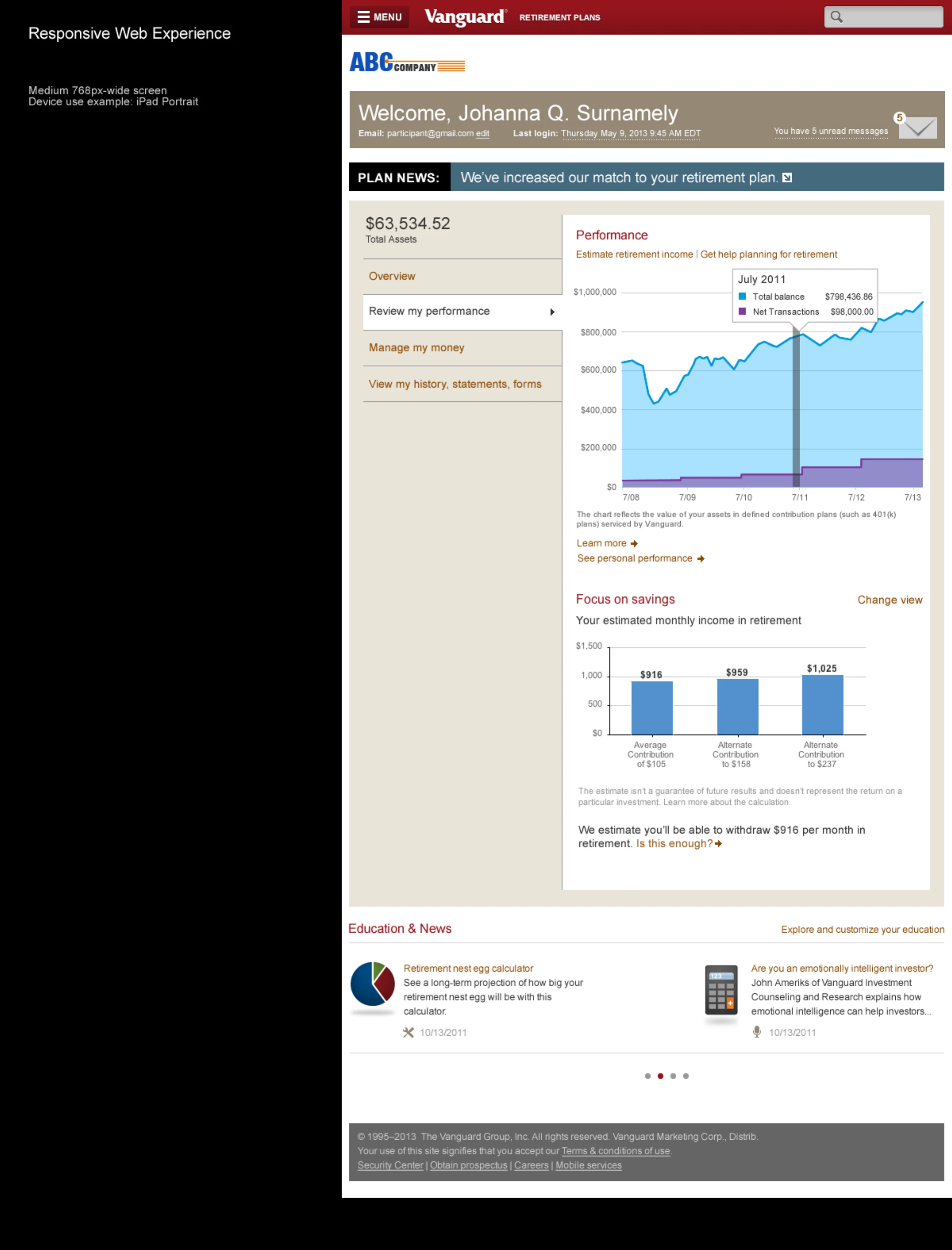 Performance view at 768 pixels with the interactive balance and net transactions chart