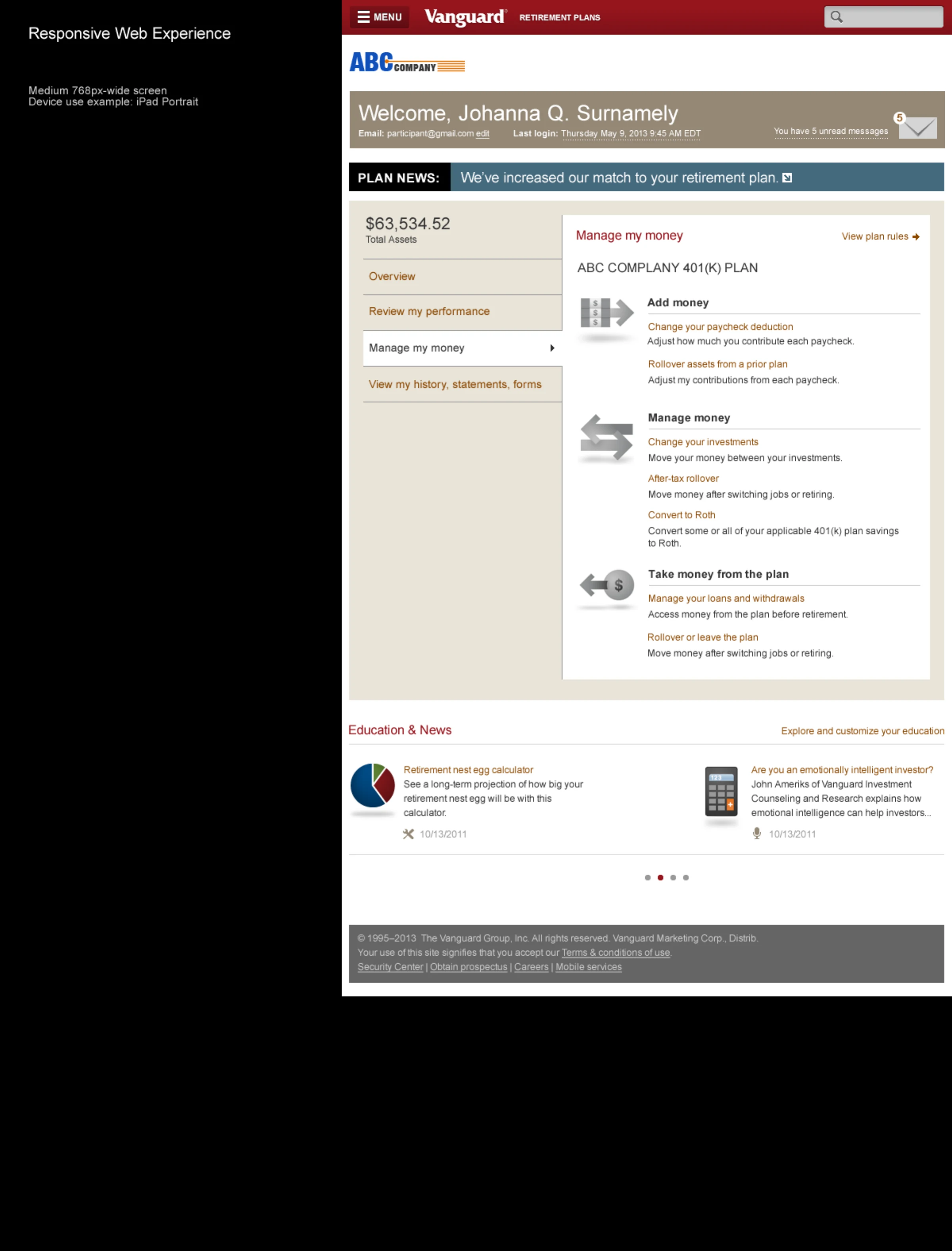 Manage my money view at tablet portrait width