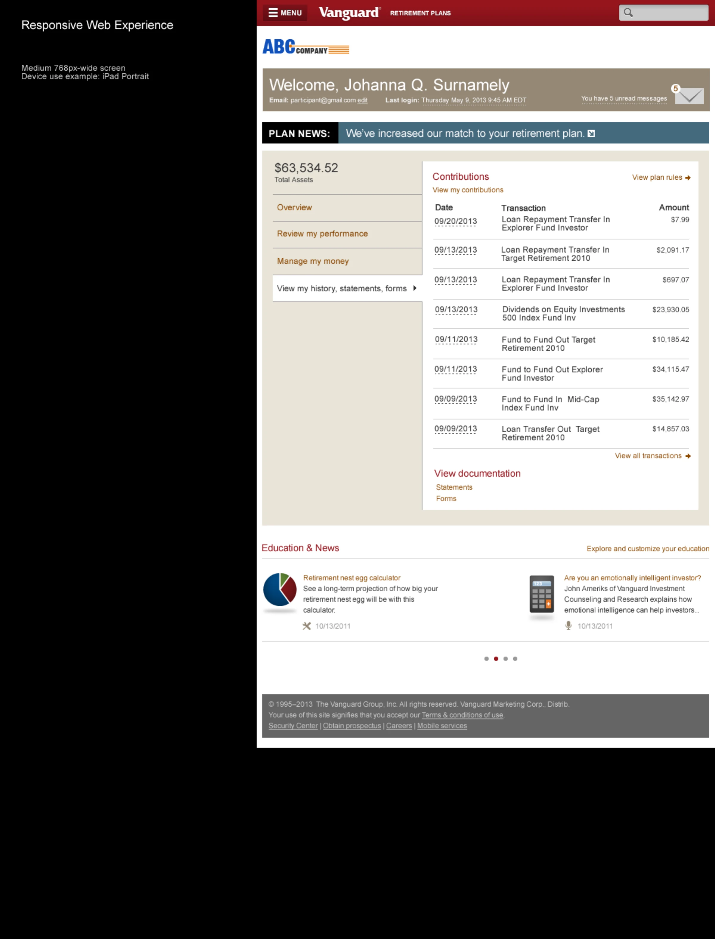 History, statements, and transactions view at tablet portrait width