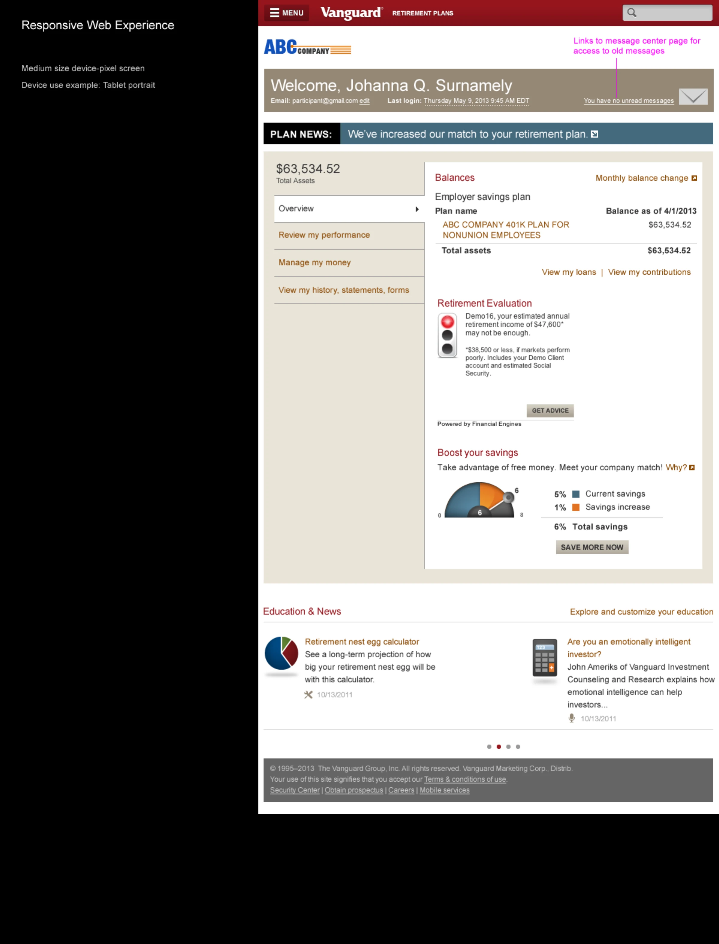 Secure home overview at tablet portrait width with message center annotation